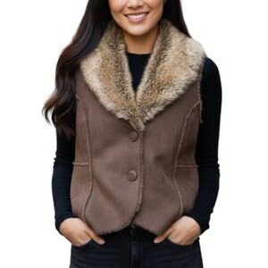 FLAIR SPORT NWT Fun Fur Shawl Collar Vest Brown Faux Suede  Button Front MP